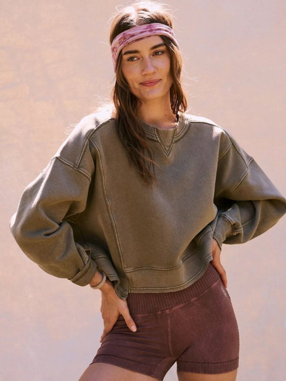 Free People Intercept Pullover Sandy Cropped Long Sleeve Boxy Top XL